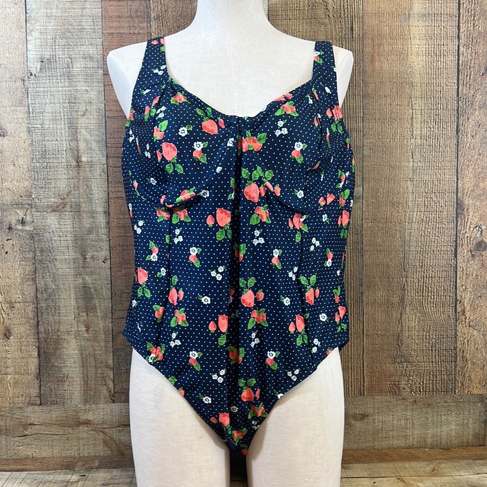 Modcloth One Piece Womens 2X Blue White Floral Strawberries Polka Swimsuit